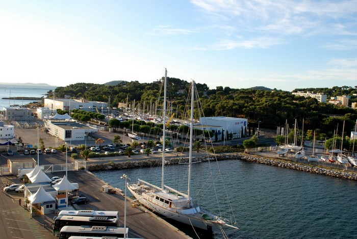 Yacht harbor in France with boats and buildings
