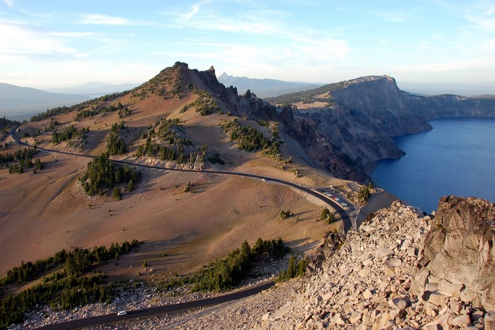 Crater Lake National Park scenic overlook with road and lake