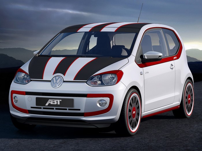 White Volkswagen Up! with red and black racing stripes by ABT