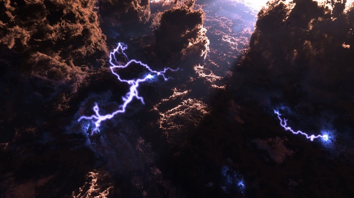 Lightning strikes through dark clouds