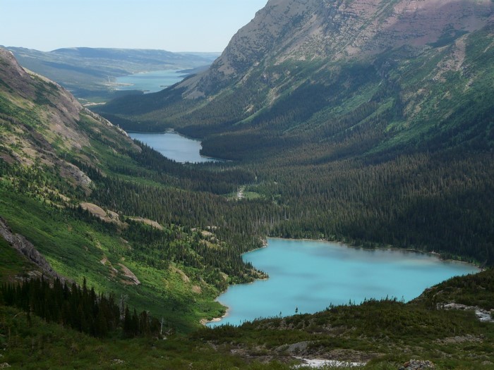 Valley with turquoise lakes and pine forest in Glacier National Park
