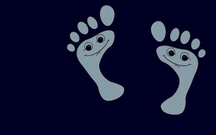 Two cartoon footprints with faces on dark blue background