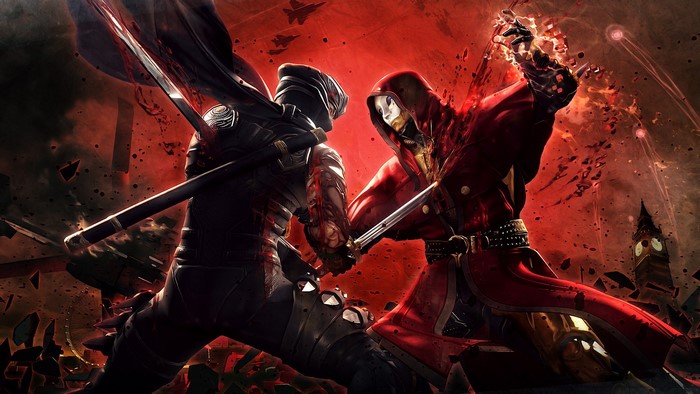 Two ninjas fighting with swords in a red, explosive environment