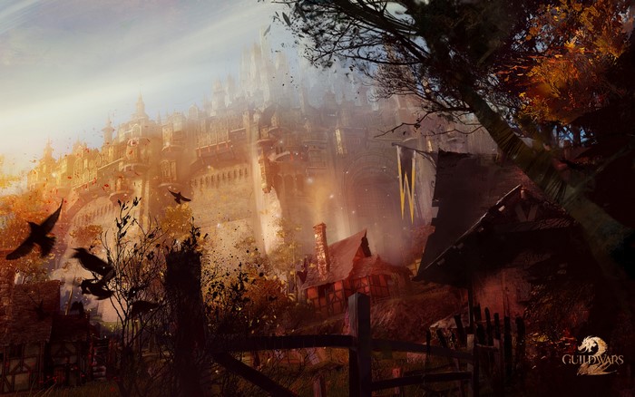 Guild Wars 2 castle with crows and autumn trees