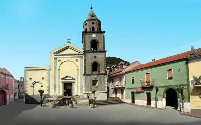 Church and bell tower in Italian town square