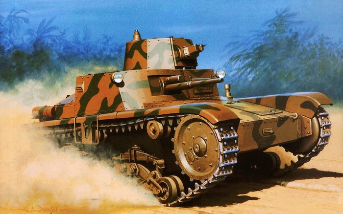 Painting of a camouflaged tank in motion
