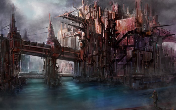 Futuristic industrial city with a river and a lone figure