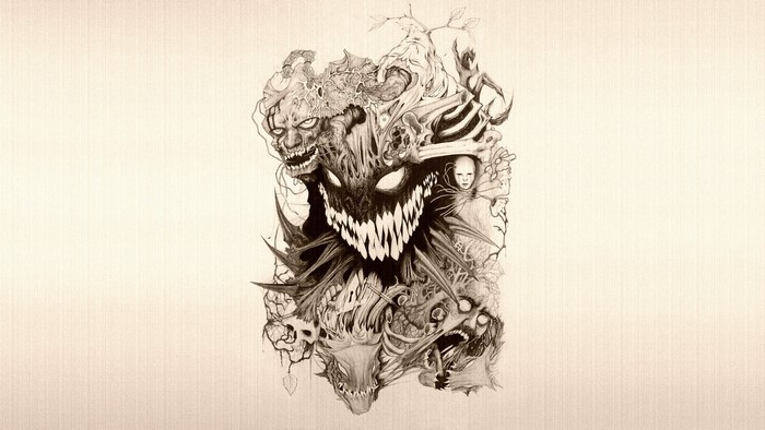 A collage of monstrous creatures and faces