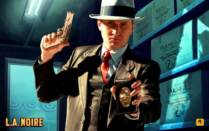 Detective Cole Phelps from L.A. Noire holding a gun and badge