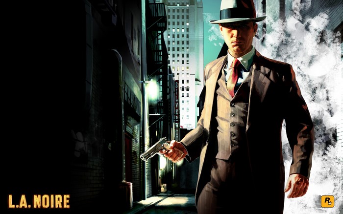 Cole Phelps from L.A. Noire holding a gun