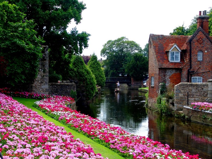 River with flowers and brick house in the United Kingdom