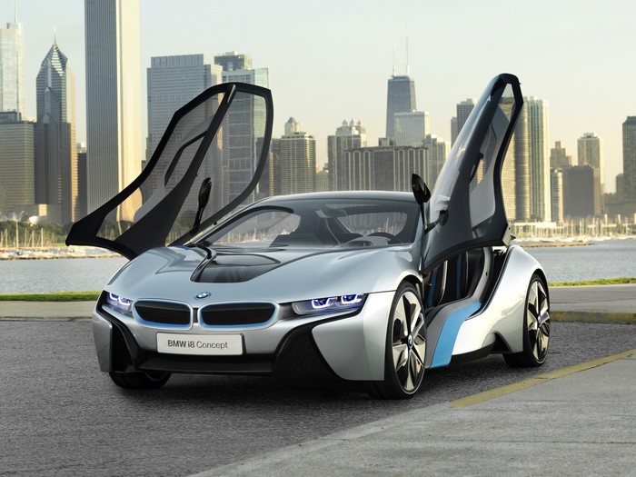BMW i8 Concept car with butterfly doors in a city