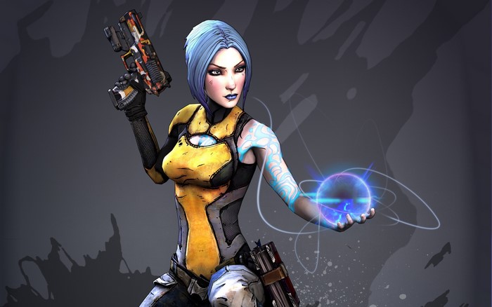 Maya from Borderlands holding a gun and a magic orb