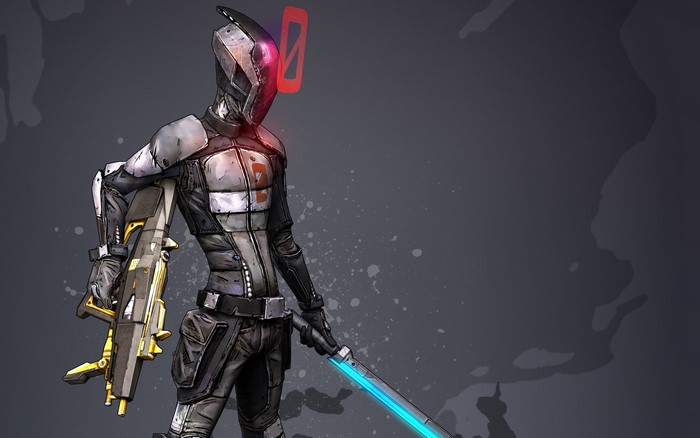Zero from Borderlands holding a gun and sword