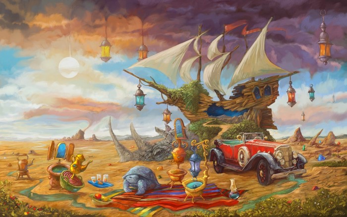 Surreal desert landscape with a ship, car, and animals
