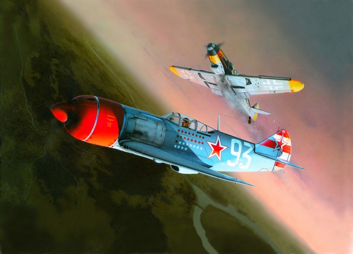 Painting of Soviet and German fighter planes in combat