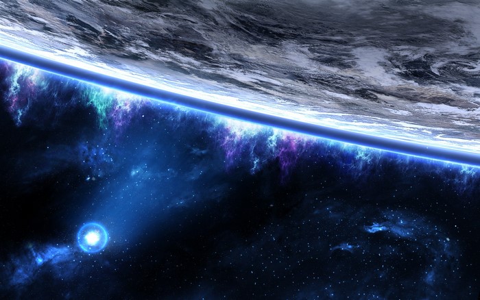 Planet surface with nebula and glowing orb