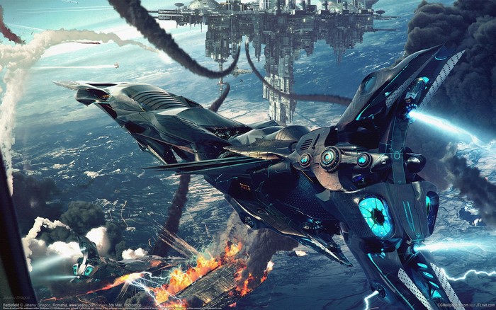 Futuristic Spaceship Battle Above Earth