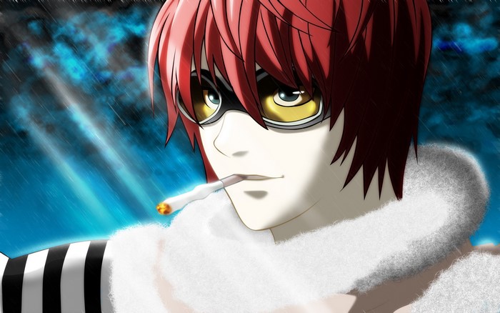 Anime man with red hair smoking