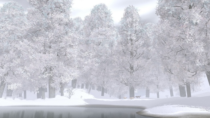 Winter forest with deer by a frozen lake