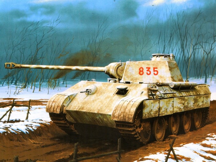 Panther tank with number 835 in winter landscape