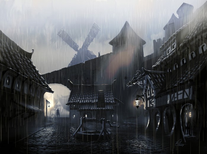 The Elder Scrolls V: Skyrim - Rainy Village Street with Windmill