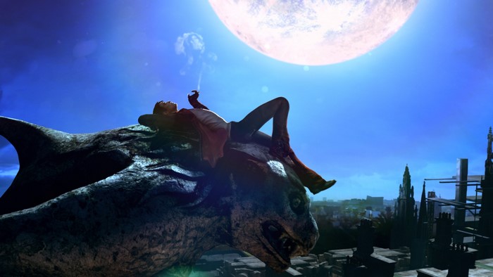Dante from Devil May Cry lying on a gargoyle