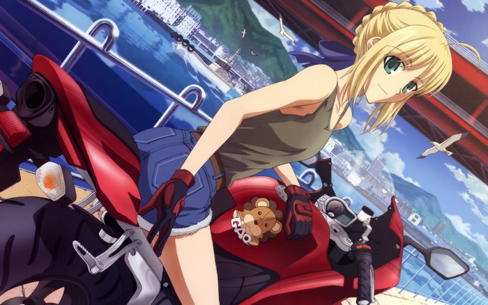 Saber from Fate: Stay Night on a motorcycle