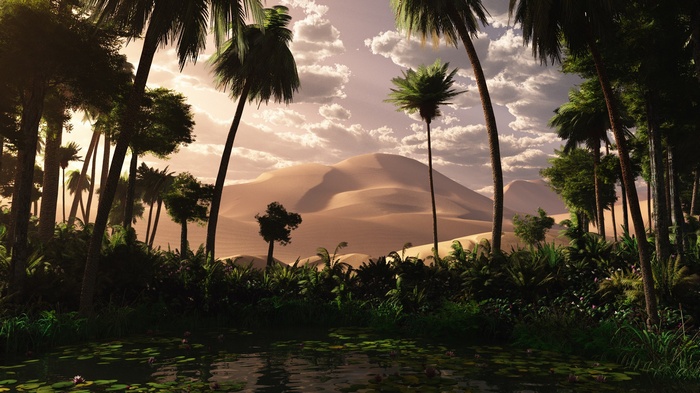 Oasis in the desert with palm trees and sand dunes
