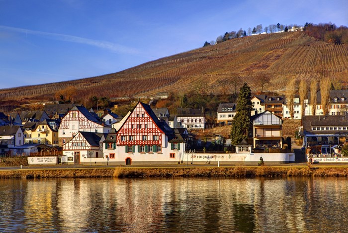 Half-timbered houses on a riverbank with vineyards on a hill in Germany