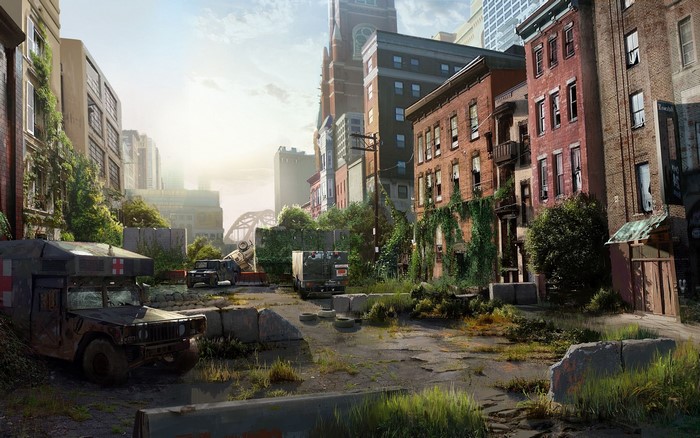 The Last of Us post-apocalyptic city street with vehicles