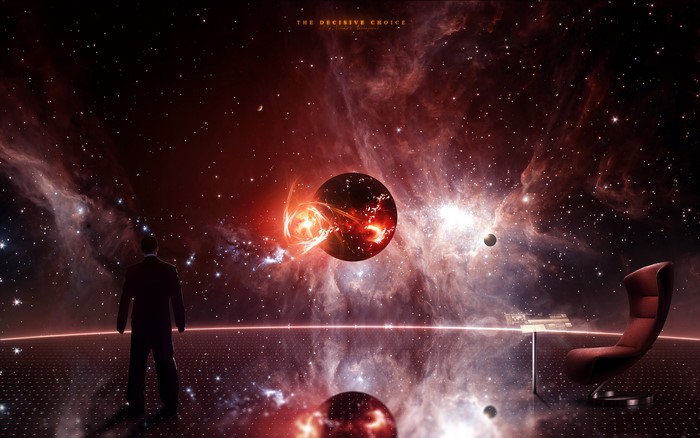 Man in suit looking at a planet in space