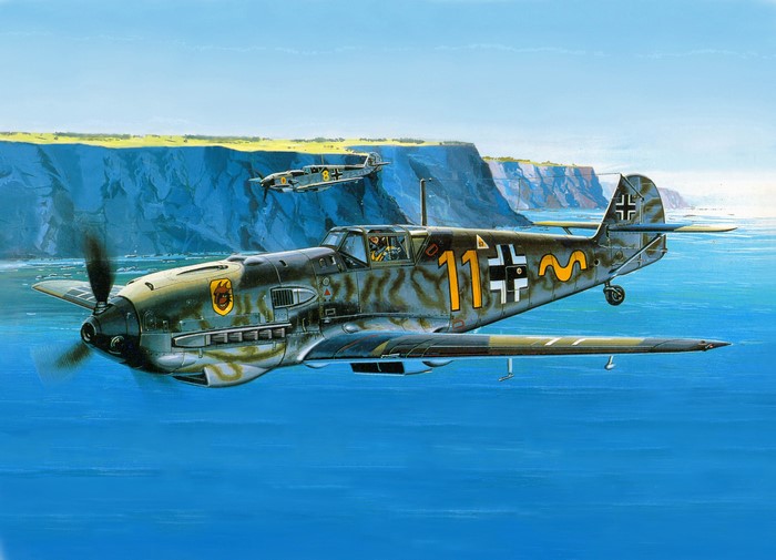 Bf 109E Airplanes Flying Over Ocean Near Cliffs