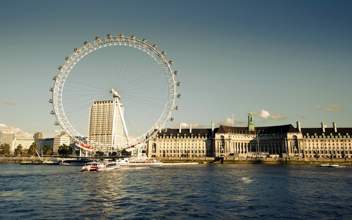 London Eye and buildings on the Thames, United Kingdom