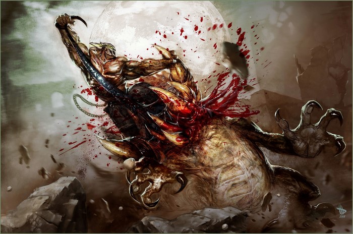 Man with claws fighting a monster