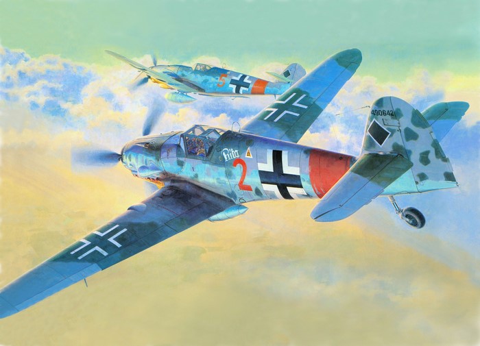 Two Messerschmitt Bf 109 G-10 airplanes in flight