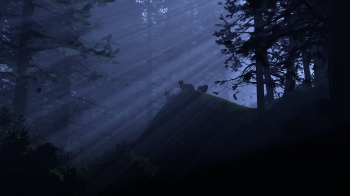 Wolves in a misty forest with sunbeams