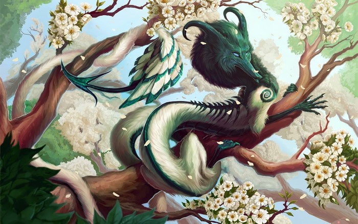 Two mythical creatures in a blooming tree
