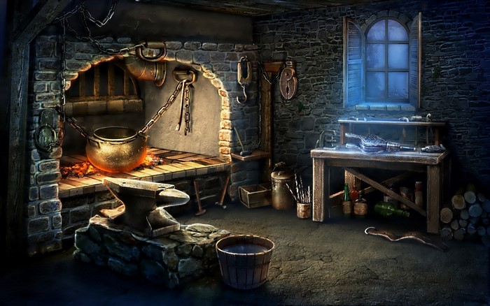 Blacksmith's workshop with forge and tools
