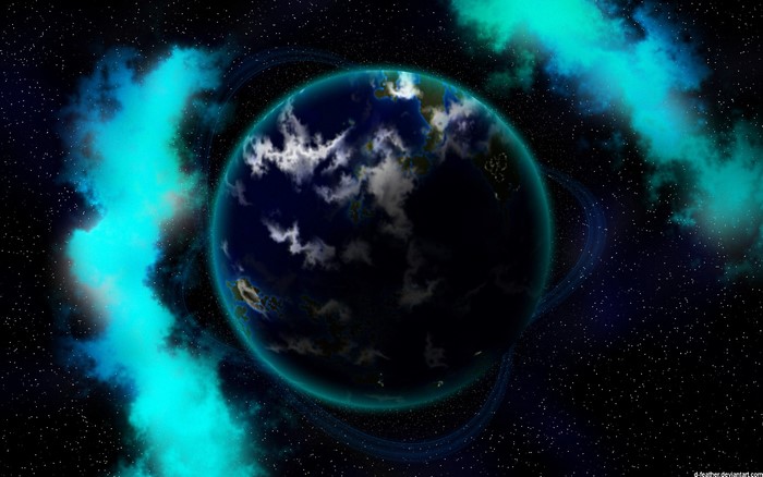 Planet with rings and nebulae in space