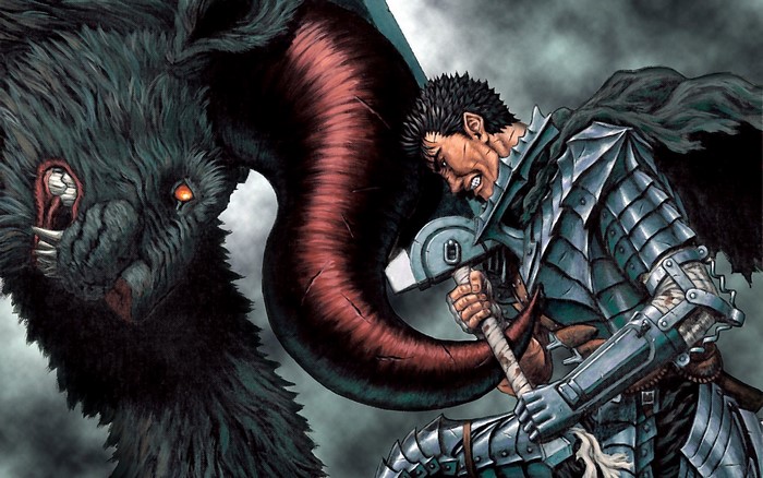 Guts fighting a beast in Berserk