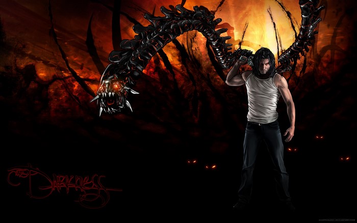 Jackie Estacado from The Darkness with a creature
