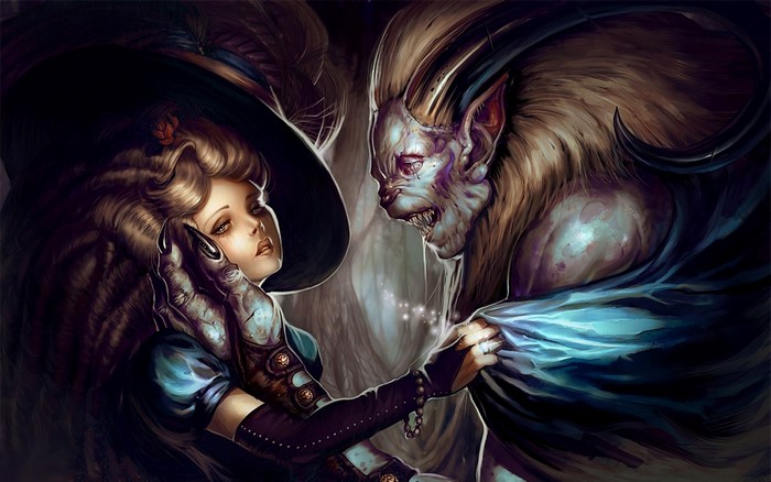Woman in hat and monster