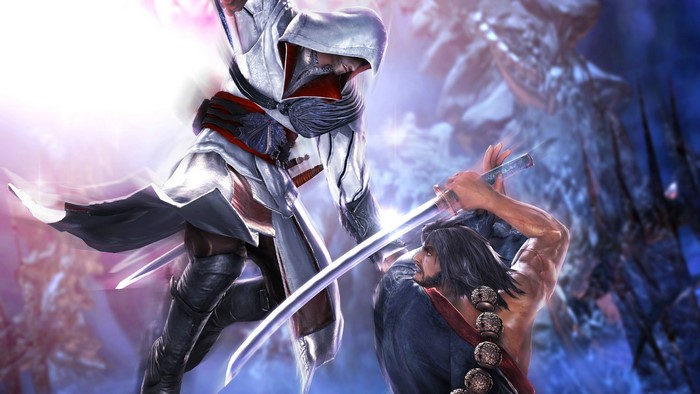 Ezio Auditore from Assassin's Creed fighting a warrior