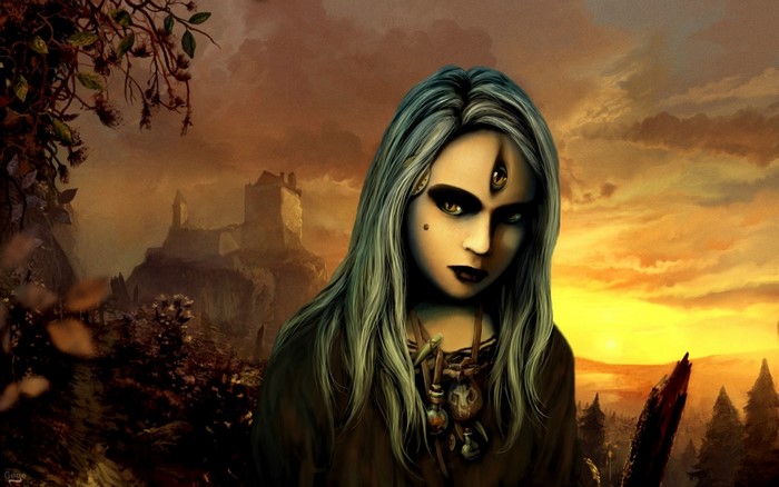 A sorceress with a third eye in a mystical landscape