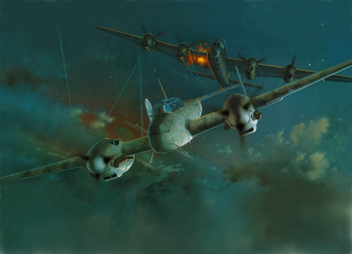 Bf-110G4 airplanes in combat at night