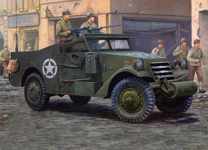 Painting of M3A1 Scout Car with US Soldiers