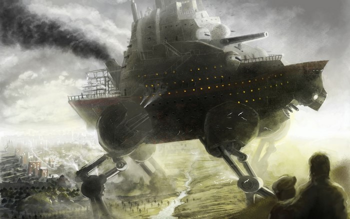 Steampunk walking war machine over a city