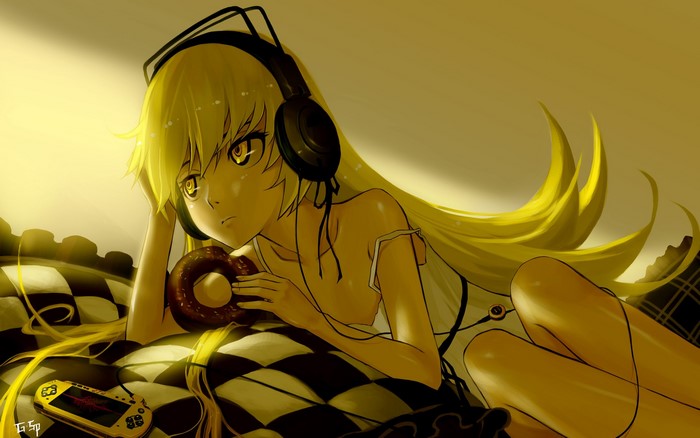 Shinobu Oshino from Bakemonogatari with headphones and donut