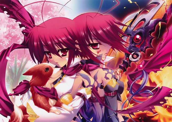 Two girls with red hair and a dog from Koihime Musou